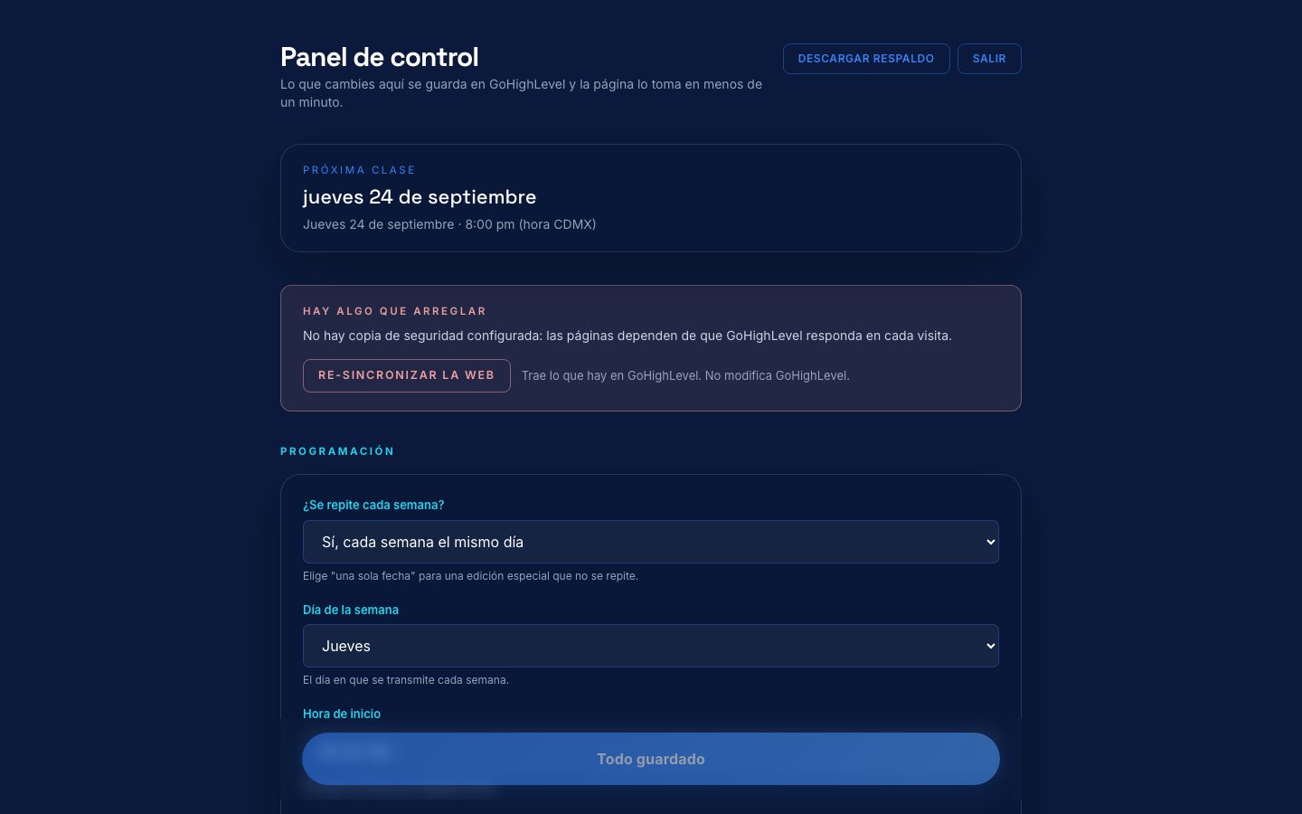 El panel por dentro: la próxima clase arriba, el aviso de salud y el grupo Programación