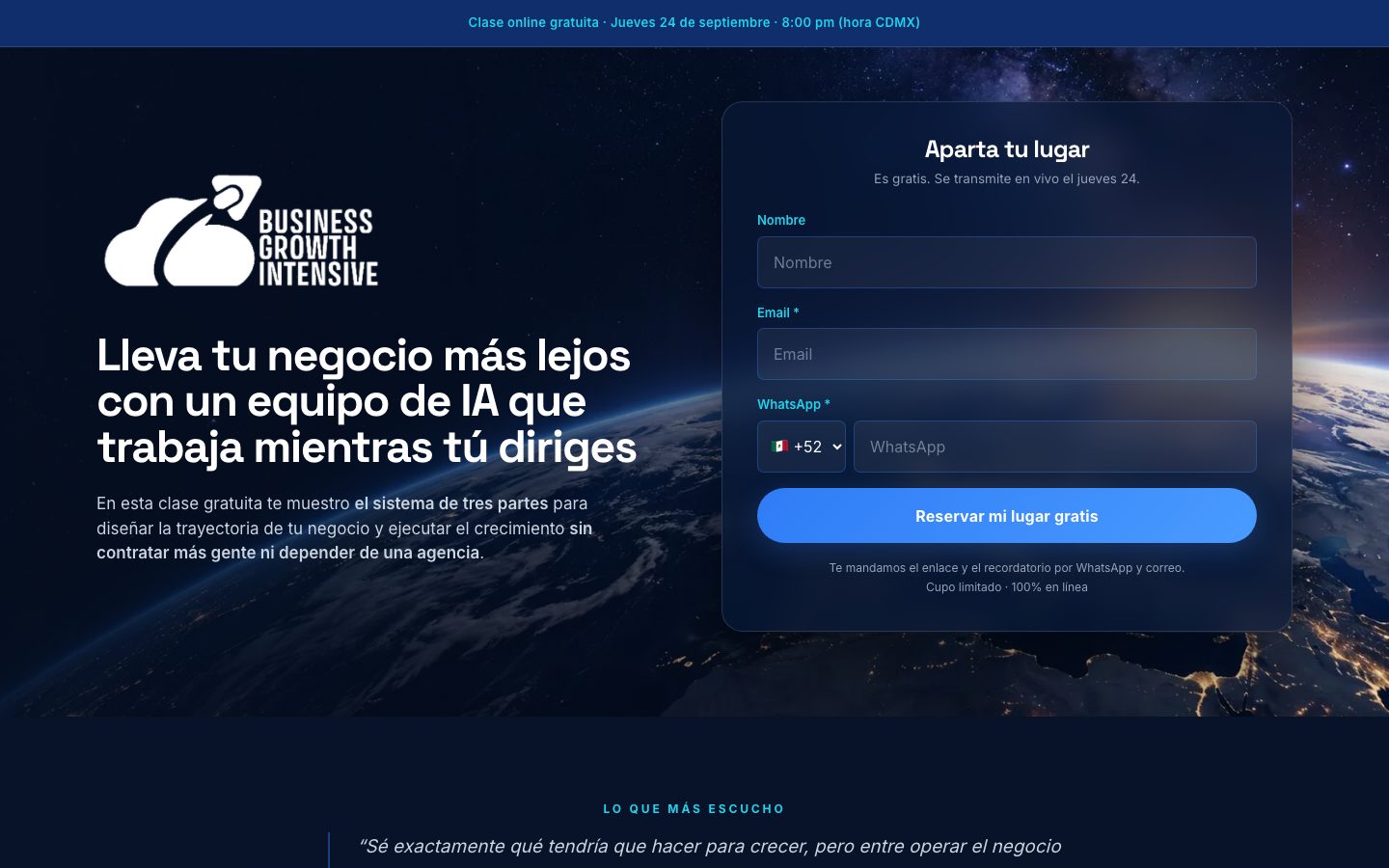 La página de registro de la demo: titular, promesa y formulario de nombre, email y WhatsApp